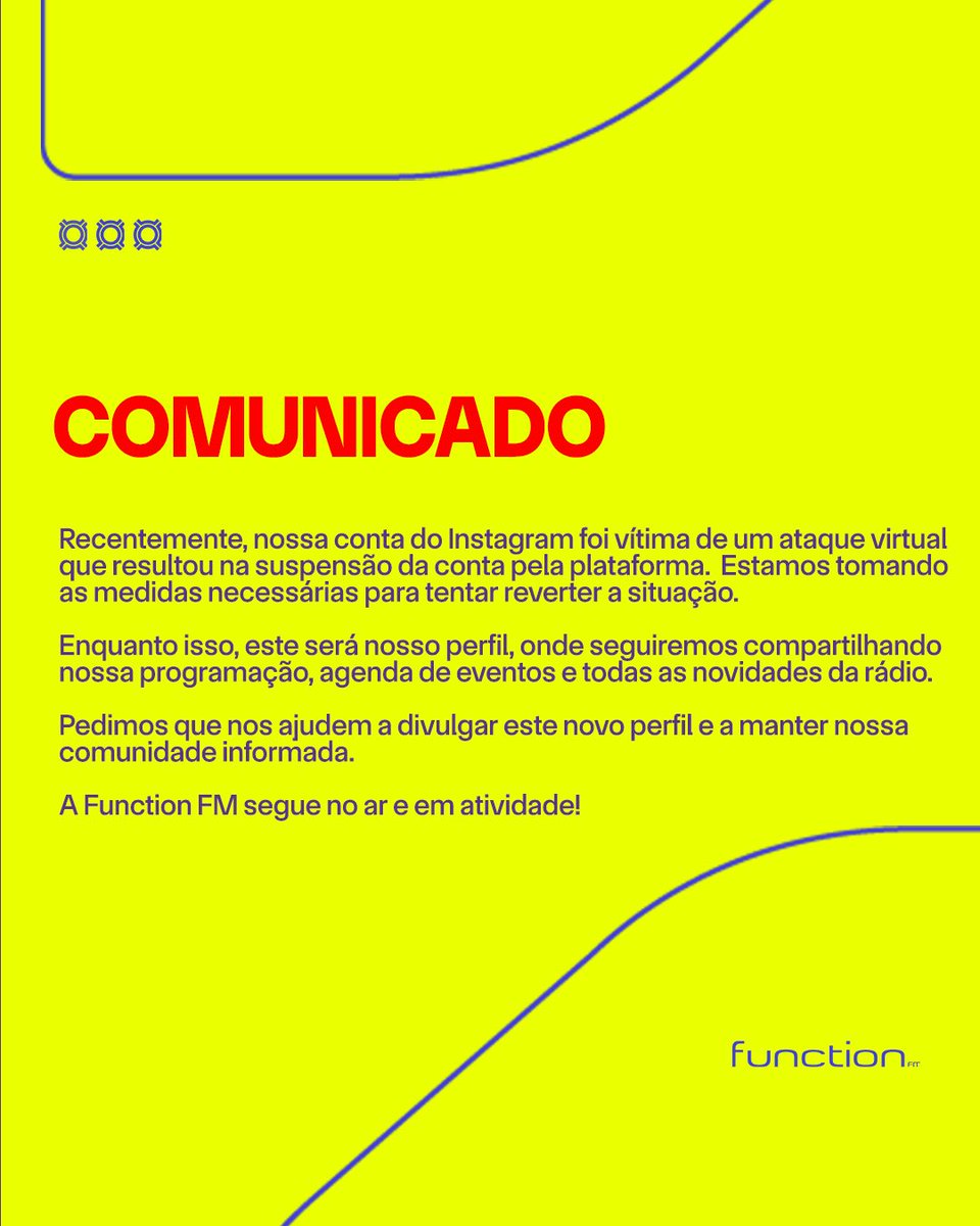 FunctionFm's tweet photo. Nosso Instagram foi suspenso após um ataque virtual, e estamos trabalhando para reverter a situação.

Enquanto isso, siga o perfil temporário @/function_fm! Siga, compartilhe e ajude a espalhar a notícia.

A Function FM segue no ar e em atividade 📡 https://t.co/qlTDszvYij
