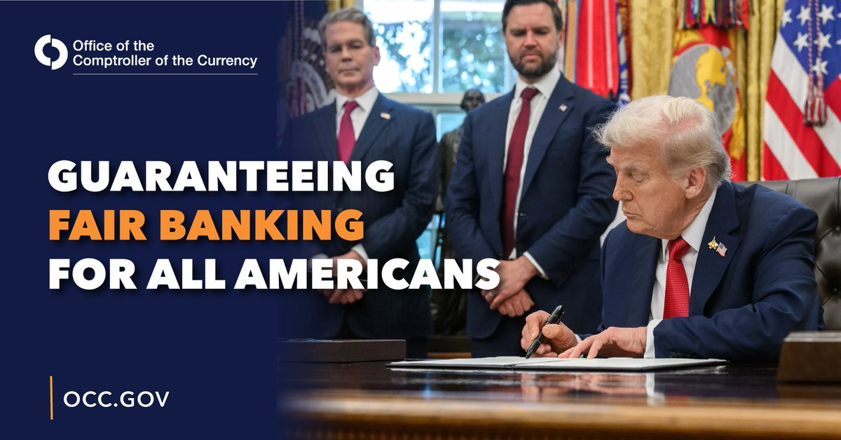 USOCC's tweet photo. Under the leadership of @POTUS and @SecScottBessent, @USComptroller Jonathan V. Gould is ending the weaponization of finance. Read about the OCC’s supervisory review of debanking activities in its nine largest national banks and its efforts to guarantee fair banking for all Americans. https://t.co/MveW1JnwTH