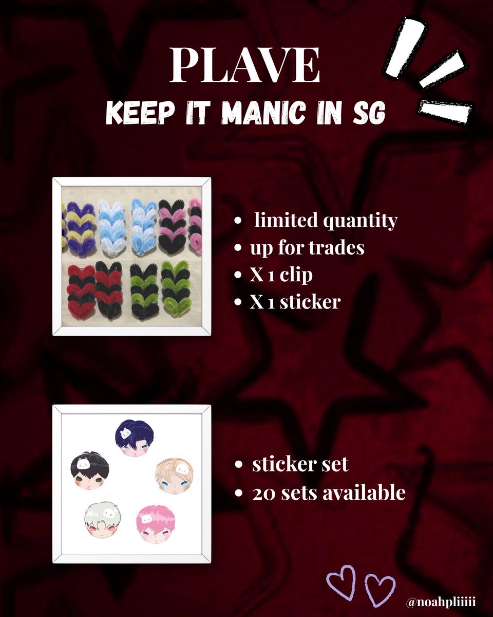 noahpliiiii's tweet photo. Freebies for Keep It Manic in SG !!

🗓️ 17th October 2027
📍 EXPO apex

- location will update on the say itself !
- open for trades
- 30 hair clip + member sticker set
- 14 ot5 sticker sets

see yall around !! 🌷

#KeepItManicSG #KEEP_IT_MANIC_in_Singapore #PLAVE #플레이브 https://t.co/nr9UAsoZct