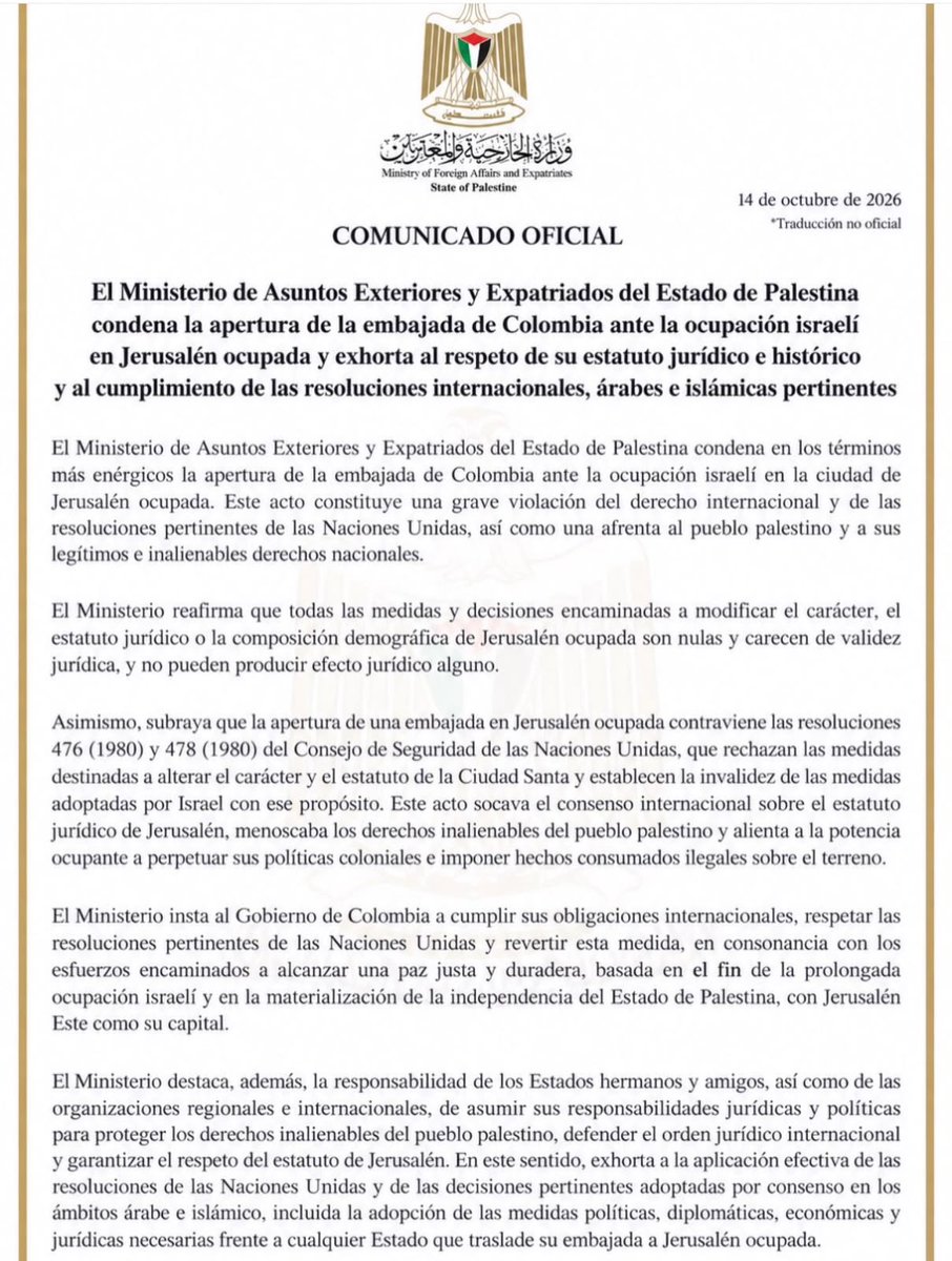 UltimaHoraCR's tweet photo. #MUNDO | El Ministerio de Asuntos Exteriores de Palestina condenó la apertura de la embajada de Colombia en Jerusalén, al considerar que viola el derecho internacional y resoluciones de la ONU. 

Además, instó al Gobierno colombiano a revertir la decisión y respetar el estatus jurídico de la ciudad.

https://t.co/woHMRjVE2M