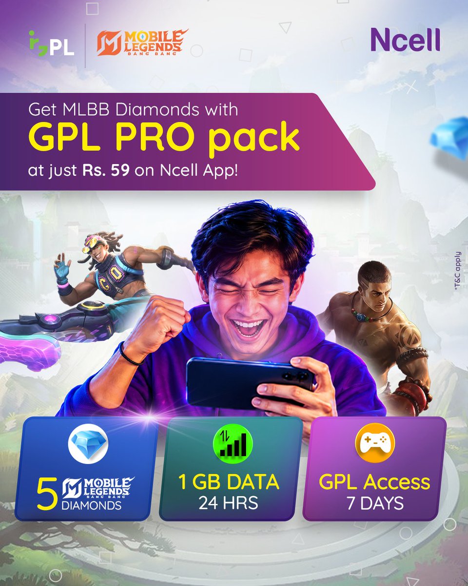 Ncell's tweet photo. GAMERS!
Get FREE Mobile Legends: Bang Bang (MLBB) Diamonds with the GPL PRO Pack for just Rs. 59! 🤩

📱Grab yours on the Ncell App and enjoy:

💎 5 MLBB Diamonds
🌐 1 GB Data with 24-hour validity
🎮 7 Days of GPL Access

Don't miss out! ⬇
https://t.co/73VrW3vYAG

#Ncell #GPL https://t.co/2KXOQ0L4Cy