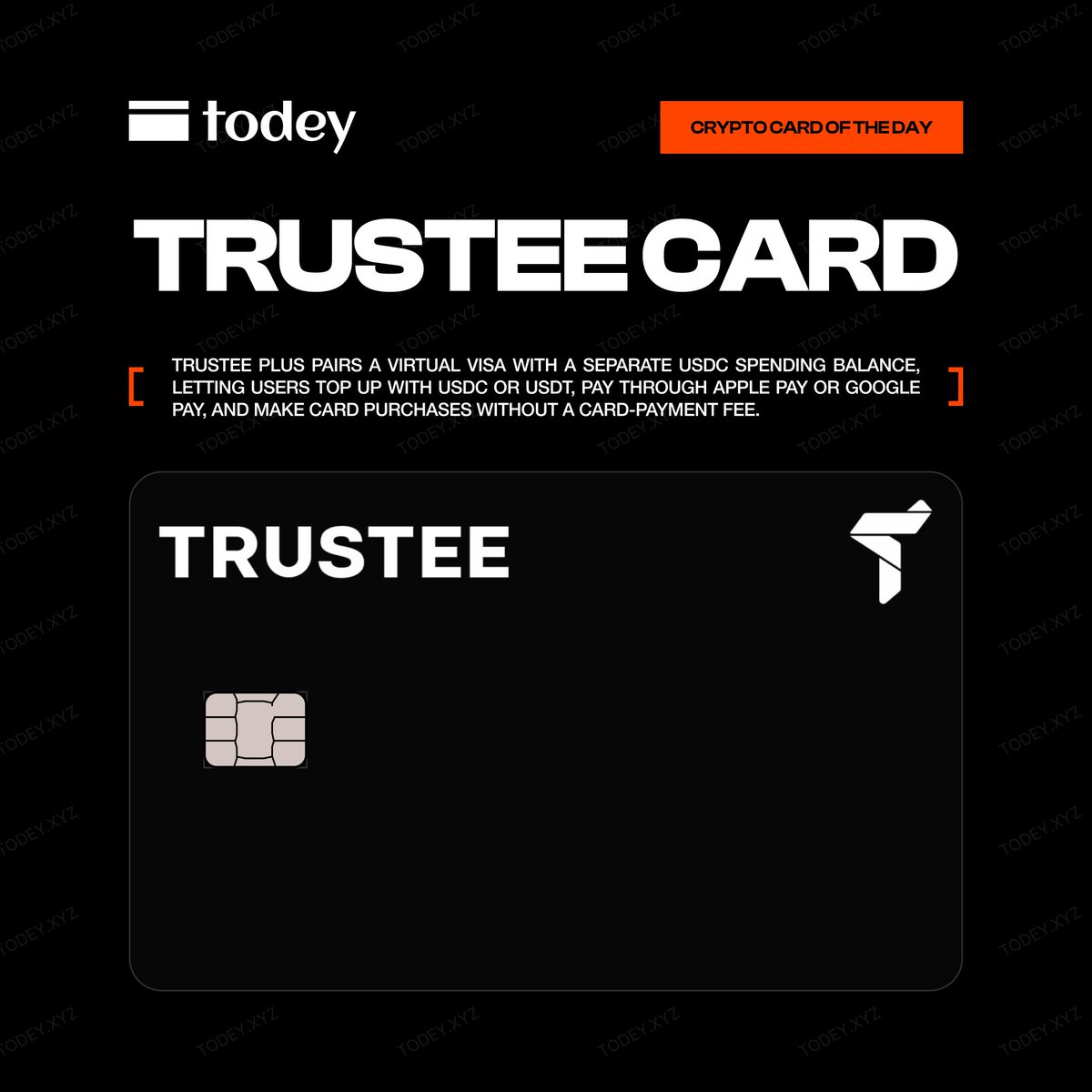 JoinTODEY's tweet photo. 💳 CRYPTO CARD OF THE DAY - TRUSTEE CARD

@trustee_io Trustee Plus offers a virtual Visa with zero-fee purchases, Apple Pay and Google Pay support, and a separate USDC spending balance funded with USDC or USDT.

Learn More
https://t.co/PxfeFekpXU https://t.co/kKVTgQ7UiW