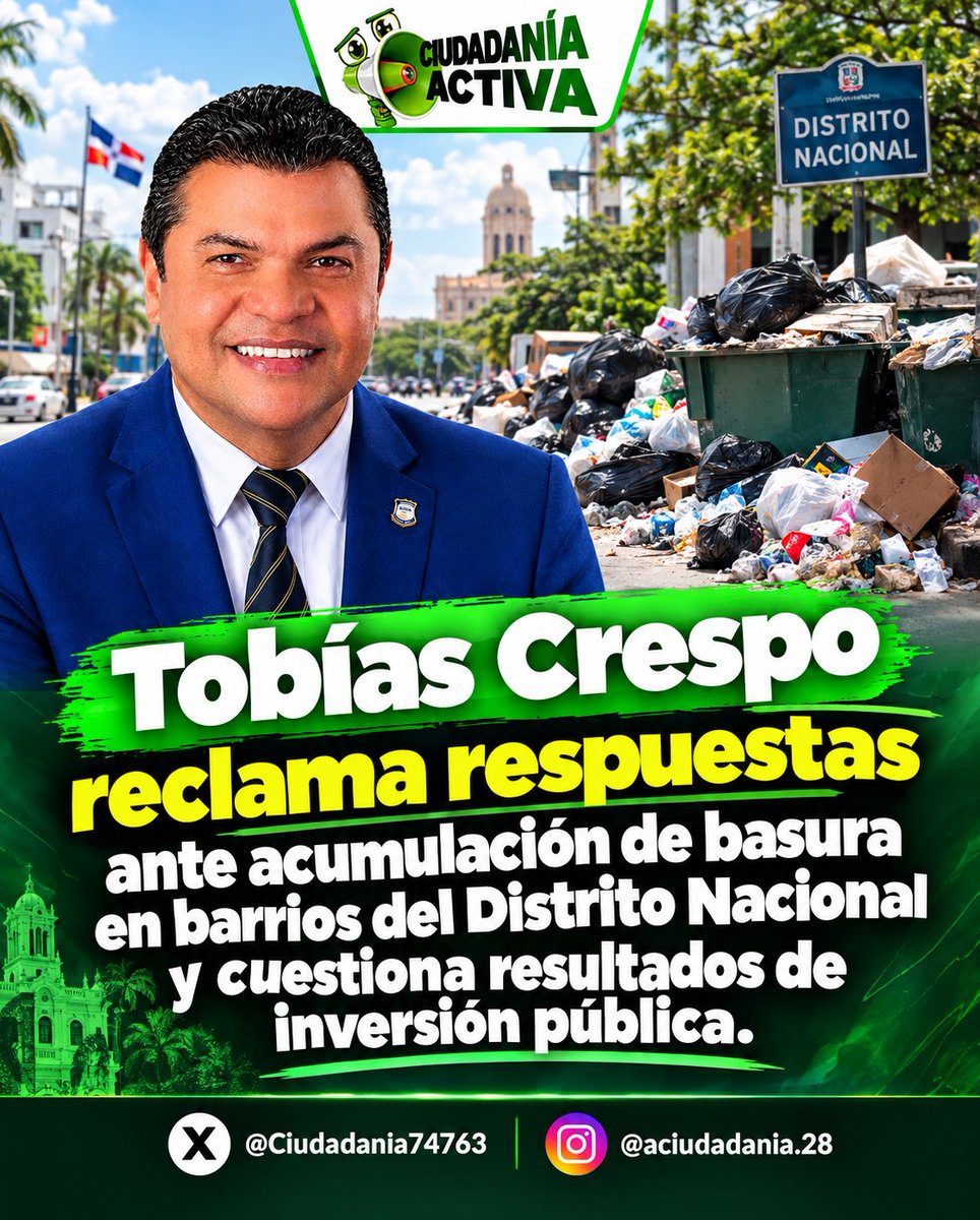 Ciudadania74763's tweet photo. 🚨 El diputado @TobiasCrespo denuncia la acumulación de basura en sectores del Distrito Nacional y exige al Ayuntamiento fortalecer las rutas de recolección y garantizar un servicio eficiente. ¡Los ciudadanos merecen respuestas y soluciones!
#TobíasCrespo #DistritoNacional https://t.co/7zgbhMKZru