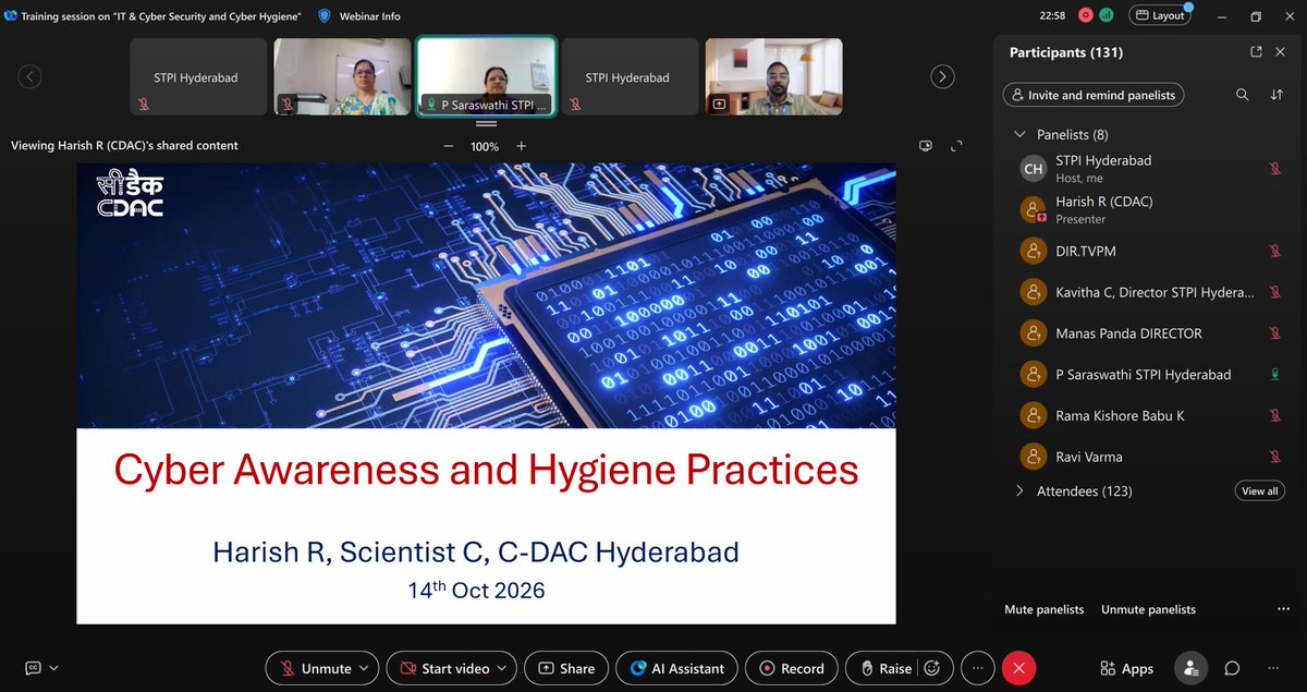 STPIHyderabad's tweet photo. CTD @STPIHyderabad has conducted an online training session on “IT &amp; Cyber Security and Cyber Hygiene” for Pan India @stpiindia officials, as part of the Capacity Building Program under the 3-Month Preventive Vigilance Campaign leading up to #VigilanceAwarenessWeek2026 @arvindtw https://t.co/IkjGbZKcC5