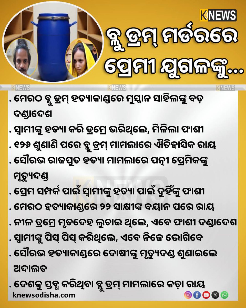 knews_odisha's tweet photo. ବ୍ଲୁ ଡ୍ରମ୍ ମର୍ଡରରେ ପ୍ରେମୀ ଯୁଗଳଙ୍କୁ…
#BlueDrumMurder #MeerutMurderCase #SaurabhRajput #SahilMuskan #DeathSentence #MurderCase #knewsodisha https://t.co/27N123031Q