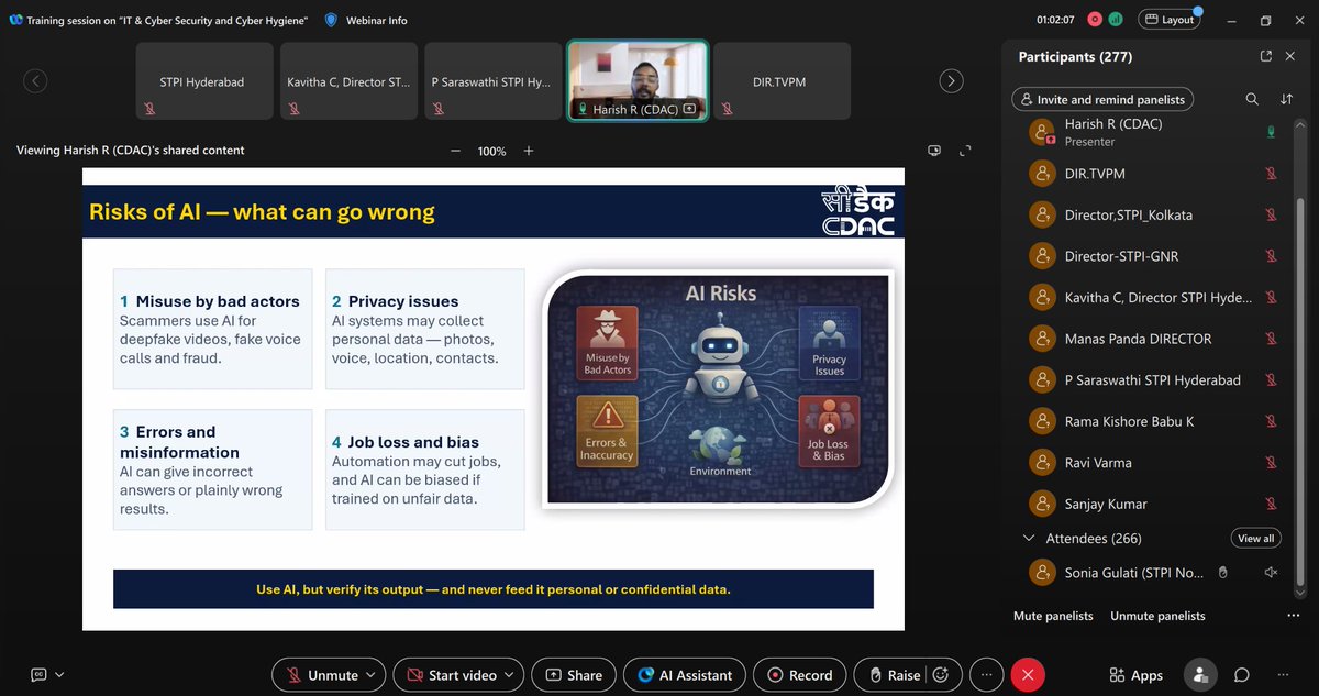 STPIHyderabad's tweet photo. CTD @STPIHyderabad has conducted an online training session on “IT &amp; Cyber Security and Cyber Hygiene” for Pan India @stpiindia officials, as part of the Capacity Building Program under the 3-Month Preventive Vigilance Campaign leading up to #VigilanceAwarenessWeek2026 @arvindtw https://t.co/IkjGbZKcC5