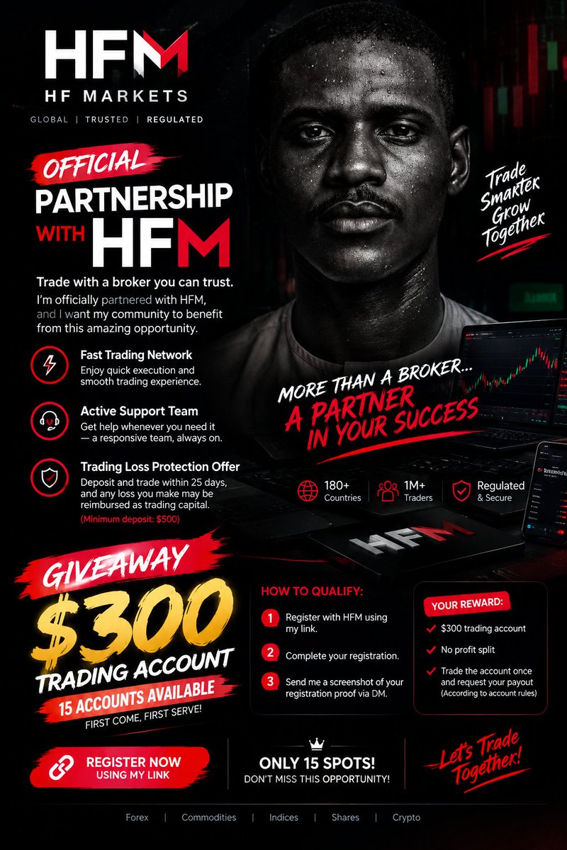 AYabubakarmisau's tweet photo. 🚨🔥 @hfmbroker PARTNERSHIP + $300 TRADING ACCOUNT GIVEAWAY🔥🚨
 this is an opportunity you don't want to miss 👀💰
I'm officially partnered with HFM, and I want my community to benefit from this opportunity.
✅ Fast Trading Network Enjoy a smooth trading experience with fast execution.
✅ Active Support Team  Get assistance from a responsive team when you need help.
✅ Trading Loss Protection Offer  Under the stated promotion, eligible clients who deposit and trade within 25 days may qualify for a loss reimbursement as trading capital, with a minimum qualifying amount of $500. Check the official terms before participating.
🎁 $300 TRADING ACCOUNT GIVEAWAY
I'm giving away 15 trading accounts worth $300 each🤯🔥
Here's how to qualify:
1️⃣ Register with HFM using MY LINK: https://t.co/1zc3jev0Iz
2️⃣ Complete your registration.
3️⃣ Send me a screenshot of your registration proof via DM.
💎 THE REWARD:
$300 trading account.
No profit split.
Trade the account once and request your payout, subject to the account's rules and payout conditions.
⏳ ONLY 15 ACCOUNTS AVAILABLE!
The first 15 eligible people to complete the requirements will have the opportunity to claim an account. Don't wait until all 15 are gone before taking action
👇 REGISTER HERE:https://t.co/1zc3jev0Iz
📩 Register, send your proof via DM, and secure your chance.
Let's grow together 🚀🔥
#HFM #ForexTrading #TradingCommunity