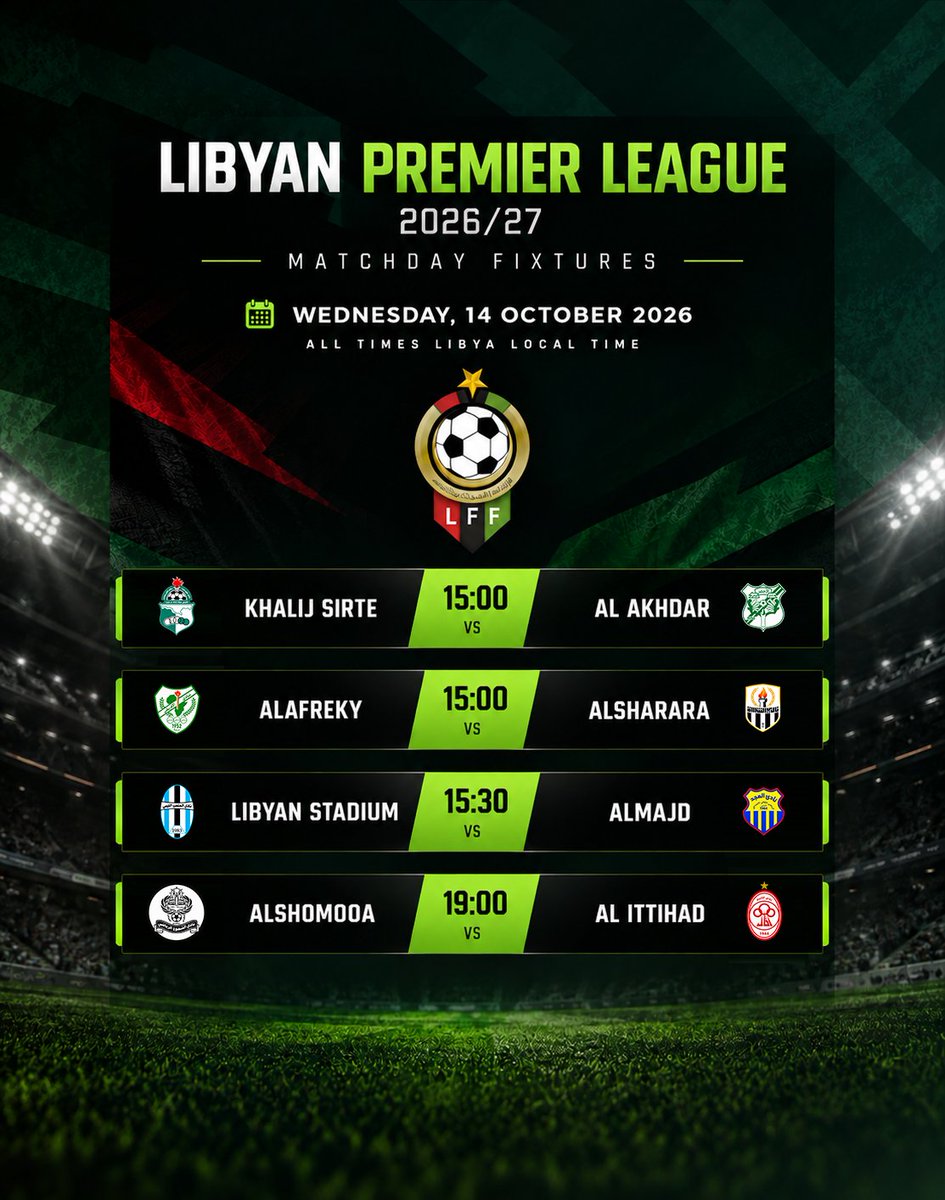 ElBigMue's tweet photo. #Libyan 🇱🇾
Libyan Premier League 2026/27 | Matchweek 1
📅 Wednesday, 14 October
🔷 All times Libya local time.
🕒 15:00
🔹 Khalij Sirte 🆚 Al Akhdar
🔹 AlAfreky 🆚 AlSharara
🕒 15:30
🔹 Libyan Stadium 🆚 AlMajd
🕒 19:00
🔹 AlShomooa 🆚 Al Ittihad
#Matchday #LibyanPL #LPL #LibyanFootball #AfricanFootball