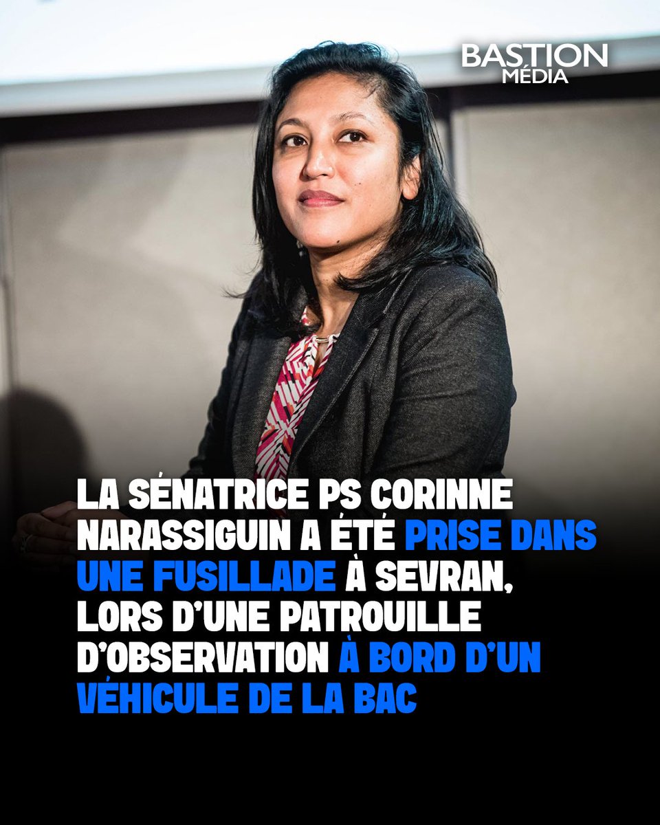 BastionMediaFR's tweet photo. 🔴🇫🇷 𝗙𝗟𝗔𝗦𝗛 𝗜𝗡𝗙𝗢 — La sénatrice PS Corinne Narassiguin a été prise au milieu d’une FUSILLADE à Sevran, alors qu’elle effectuait une patrouille d’observation à bord d’un véhicule de la BAC.

Une quinzaine à une vingtaine de coups de feu ont été entendus dans le quartier des Beaudottes, connu pour ses trafics de stupéfiants. Une balle a notamment touché la portière du véhicule de police.

La sénatrice, recroquevillée sur la banquette arrière, a été protégée par les policiers et est sortie indemne. Un civil a été blessé et un pistolet-mitrailleur a été retrouvé sur place. Aucune interpellation n’a eu lieu.

(Source : Le Parisien)