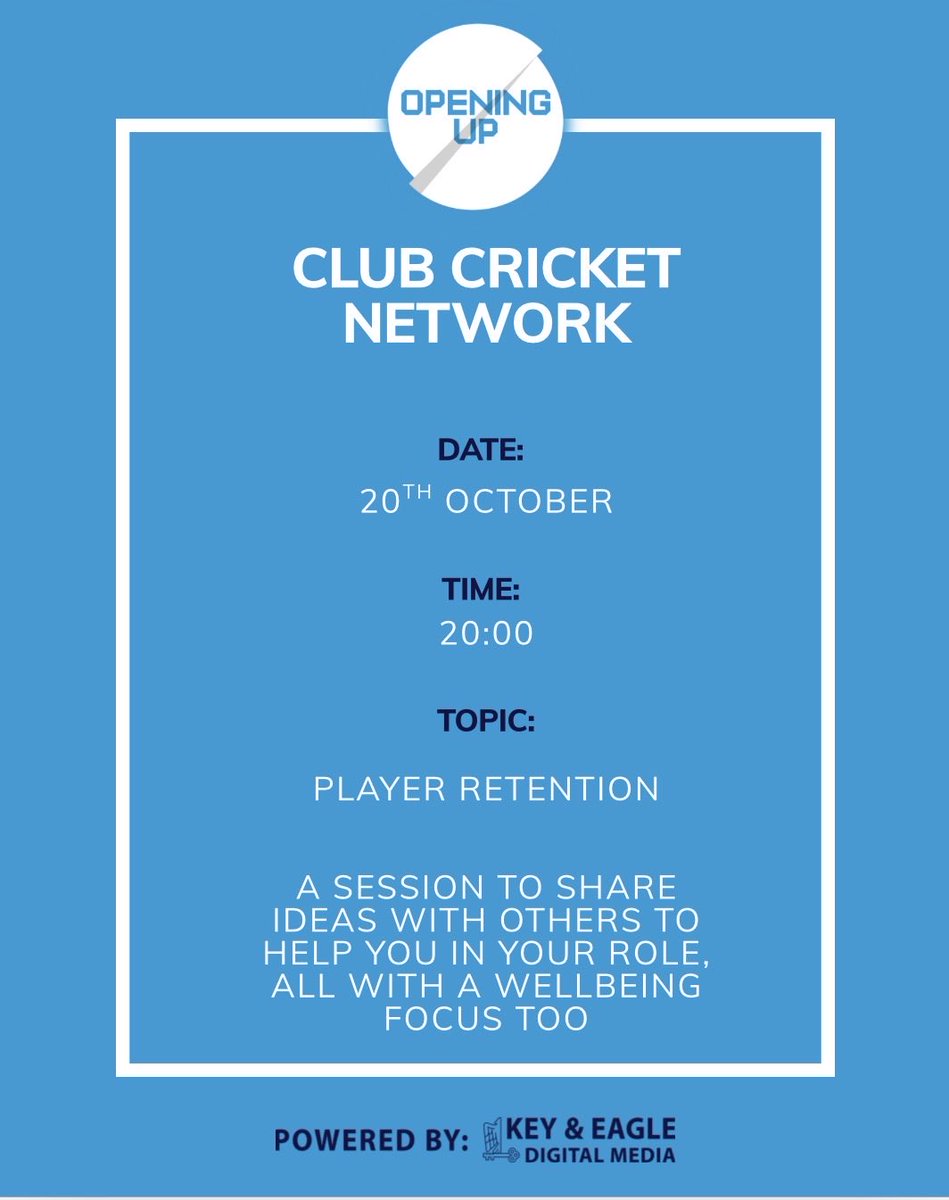 OpeningUpCC's tweet photo. This is for chairs, directors of cricket or anyone leading a club 🤝 

The session gives strategies for player retention, from people who do the kind of role you do 🏏 

There’s also time to swap ideas and see the links to wellbeing 🧠 

Sign up here https://t.co/T6fnfe82KF  🔗 https://t.co/iEgzQRPiOE
