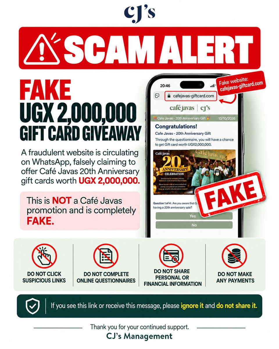 CJs__256's tweet photo. 🚨 SCAM ALERT!

A fraudulent website is using CJ’s name and branding to promote a fake anniversary giveaway.
This promotion is NOT from CJ’s!
Please avoid suspicious links and trust only CJ's official channels
Stay alert. Stay safe! 💚
#cjs #scam #alert #explore #fyp https://t.co/TjclMla7UG