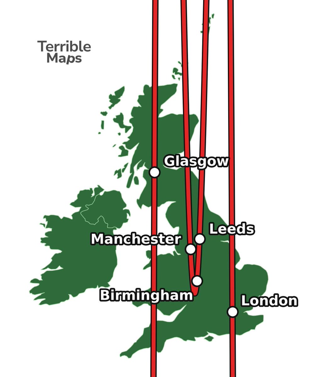 TerribleMaps's tweet photo. Believe it or not, the UK's 5 largest cities lie perfectly on a 4th-degree polynomial https://t.co/3v2fug7EEV