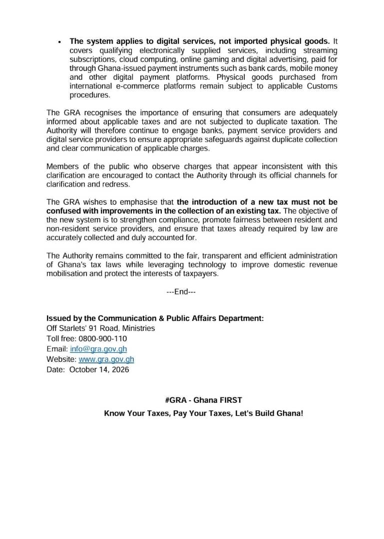 GhanaRevenue's tweet photo. GRA Press Release - New Digital VAT Collection System Will Not Impose An Additional 20% Tax – GRA Clarifies 

#GRA #GhanaFIRST #RTVAT #VAT #RealTimeVAT #sameVAT

@citinewsroomgh @Citi973 @Joy997FM @JoyNewsOnTV https://t.co/gFbmhVcfgL