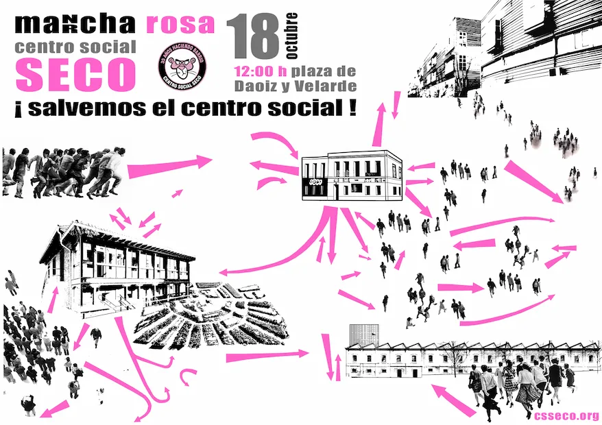 CS_Seco's tweet photo. ¡Quedan pocos días! ✊ Este domingo 18, el barrio se une en la #MarchaRosa para defender el @CS_Seco. Saca del armario tu ropa u objetos de color rosa: ¡tenemos que pintar una marea rosa de solidaridad!

🗓 Domingo 18 octubre 12h 
📍Pl de Daoiz y Velarde
🔗https://t.co/vyVn8tjUMd https://t.co/MApYHlBZxo