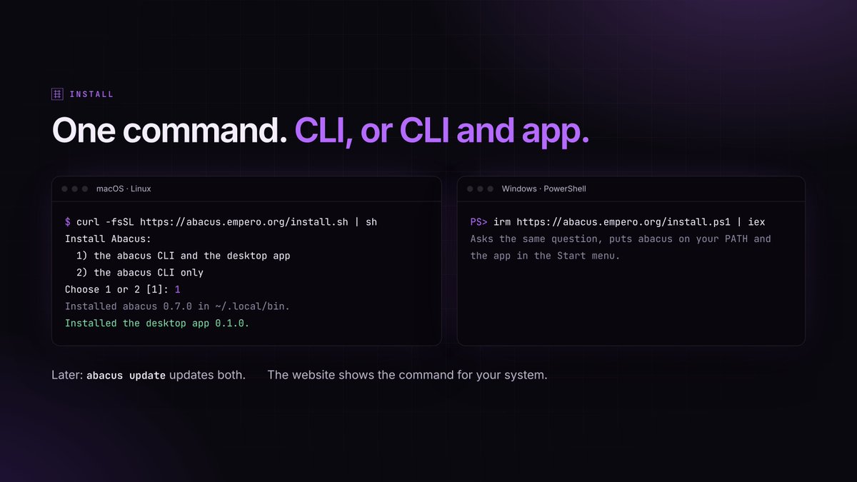 EmperoAI's tweet photo. One command installs it. The installer asks whether you want the app too:

macOS, Linux:
curl -fsSL https://t.co/zufBrawihq | sh

Windows:
irm https://t.co/gPfHbbXs1W | iex

https://t.co/92dIhLDZnt shows the right one for your system. https://t.co/ESDnqeKj2y