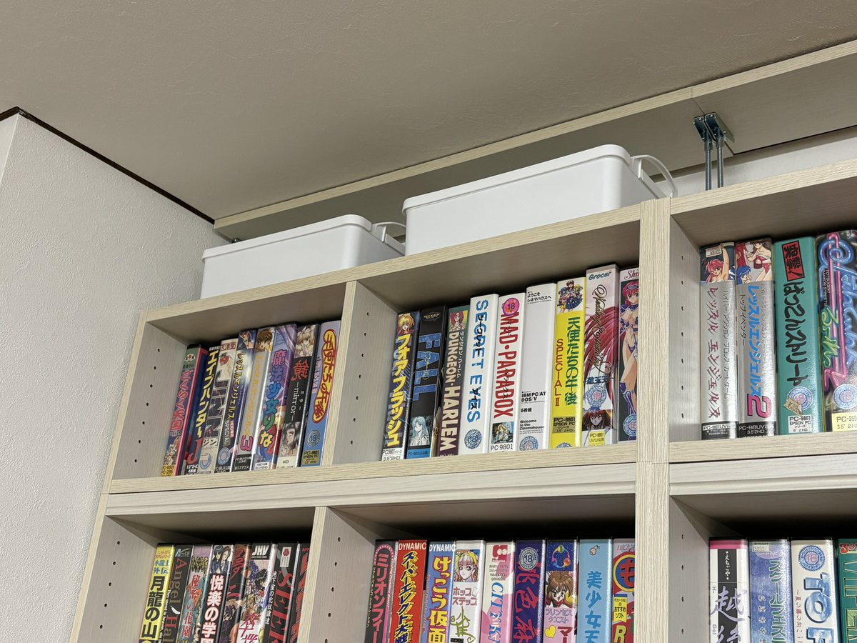 diebutsusama's tweet photo. フロッピーディスクだけで所持してるPC-98ゲームをダイソーで買った安いケースにダンボールで仕切りをしつつ収納したよ。
3.5インチのフロッピーを収納するのに高さが完璧で、オレのゲーム棚の一番上にちょうど収まるベストな大きさ。
さすがはダイソー、ほんと一般庶民の味方だな！！！ #PC98 https://t.co/iNkuq5knuk