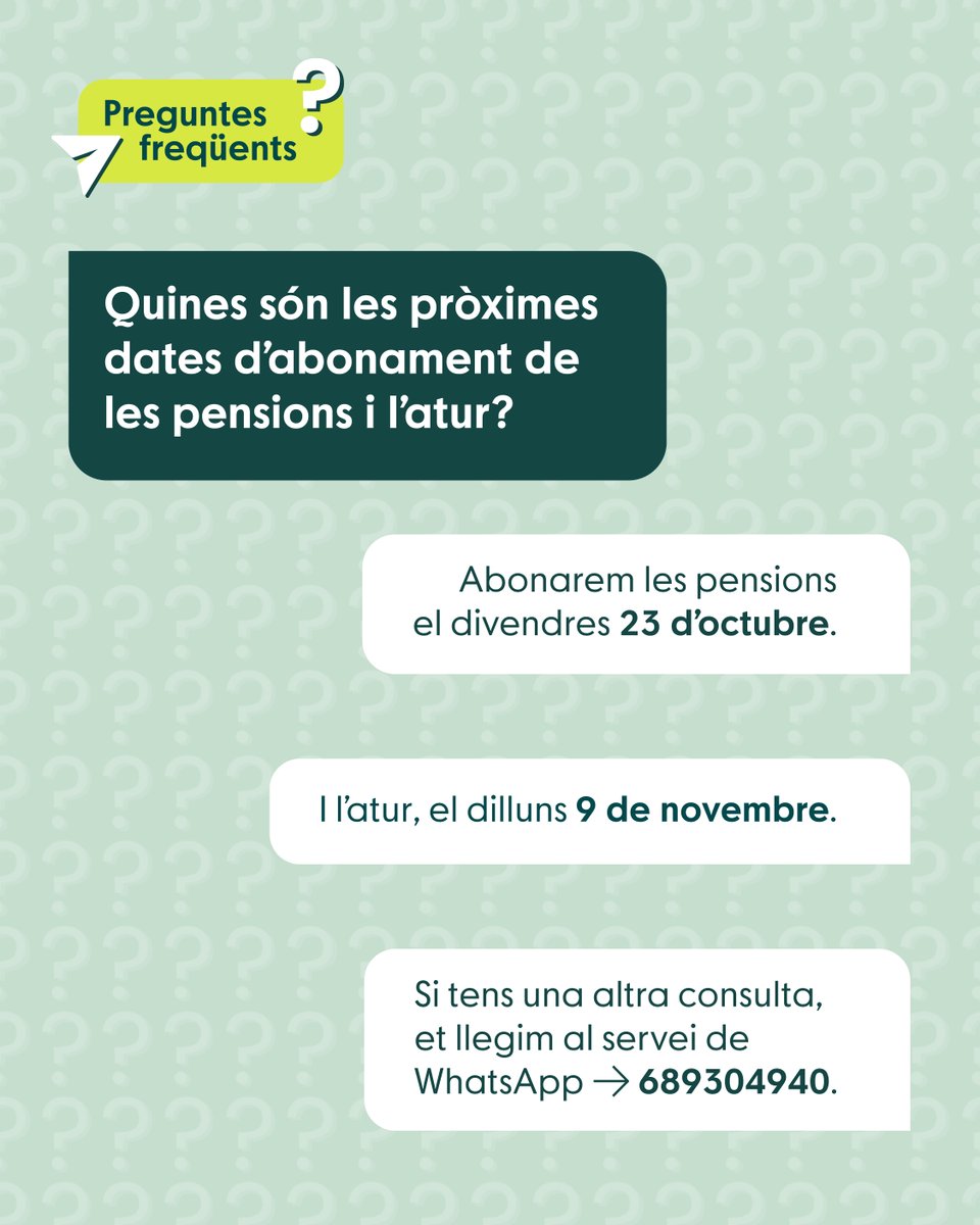 caixapopular's tweet photo. Vols saber les pròximes dates d’abonament de les pensions i l'atur? 🗓️

T’ho indiquem ací perquè pugues tindre una previsió:
Pensions 👉 23 d’octubre
Atur 👉 9 de novembre

Si tens un altre dubte, pots escriure sempre al nostre servei de WhatsApp 📲  689304940 https://t.co/SZy8e3o6RO