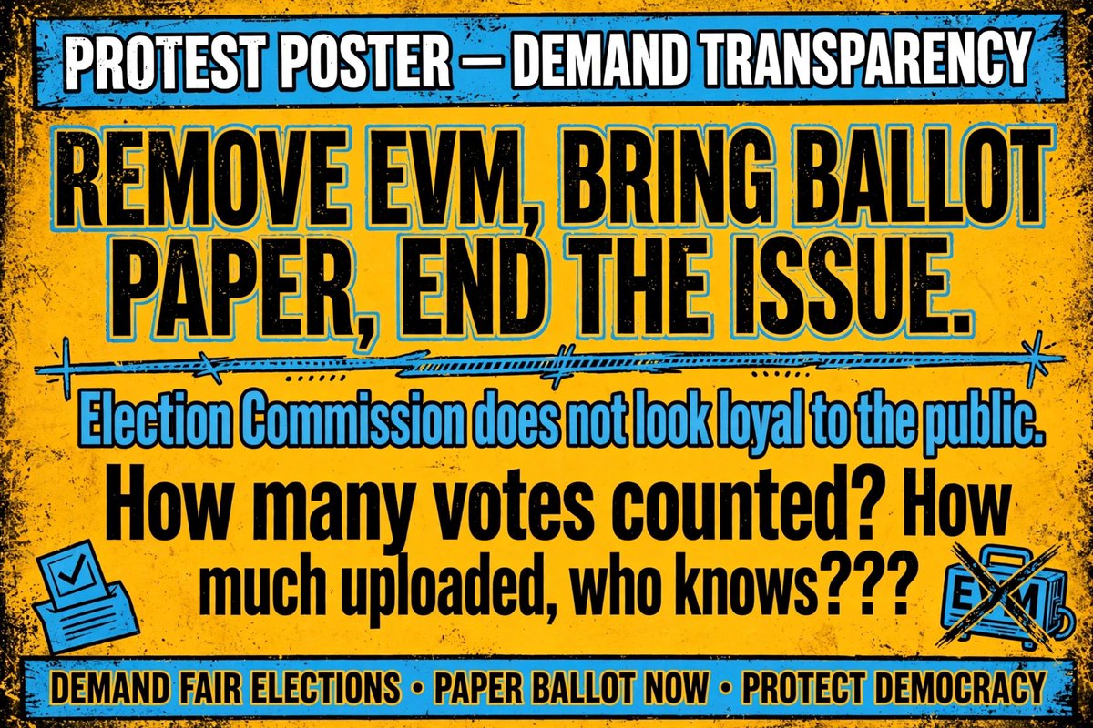 SRISHIVAM323849's tweet photo. Remove #EVMs, RESTORE Public Trust.
#Show the public the full #account of every vote ,
How many #votes were #counted?
#How many were uploaded? Who knows?
The #Election Commission must be accountable and #faithful to the people.
Only then will #democracy be strong https://t.co/fyLGtubhBc