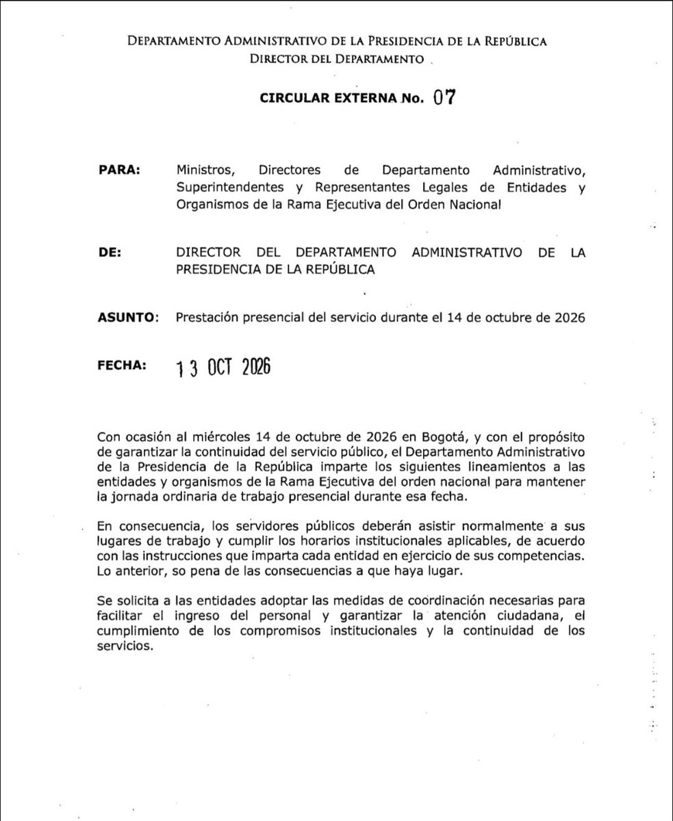 UltimaHoraCR's tweet photo. #POLITICA | El Gobierno de Abelardo de la Espriella emitió esta circular para que los funcionarios de las entidades “asistan normalmente a sus lugares de trabajo”, de manera presencial, este 14 de octubre, día de las marchas de la oposición.

Vía @laurad_duarte
https://t.co/v2vIVVHFXe