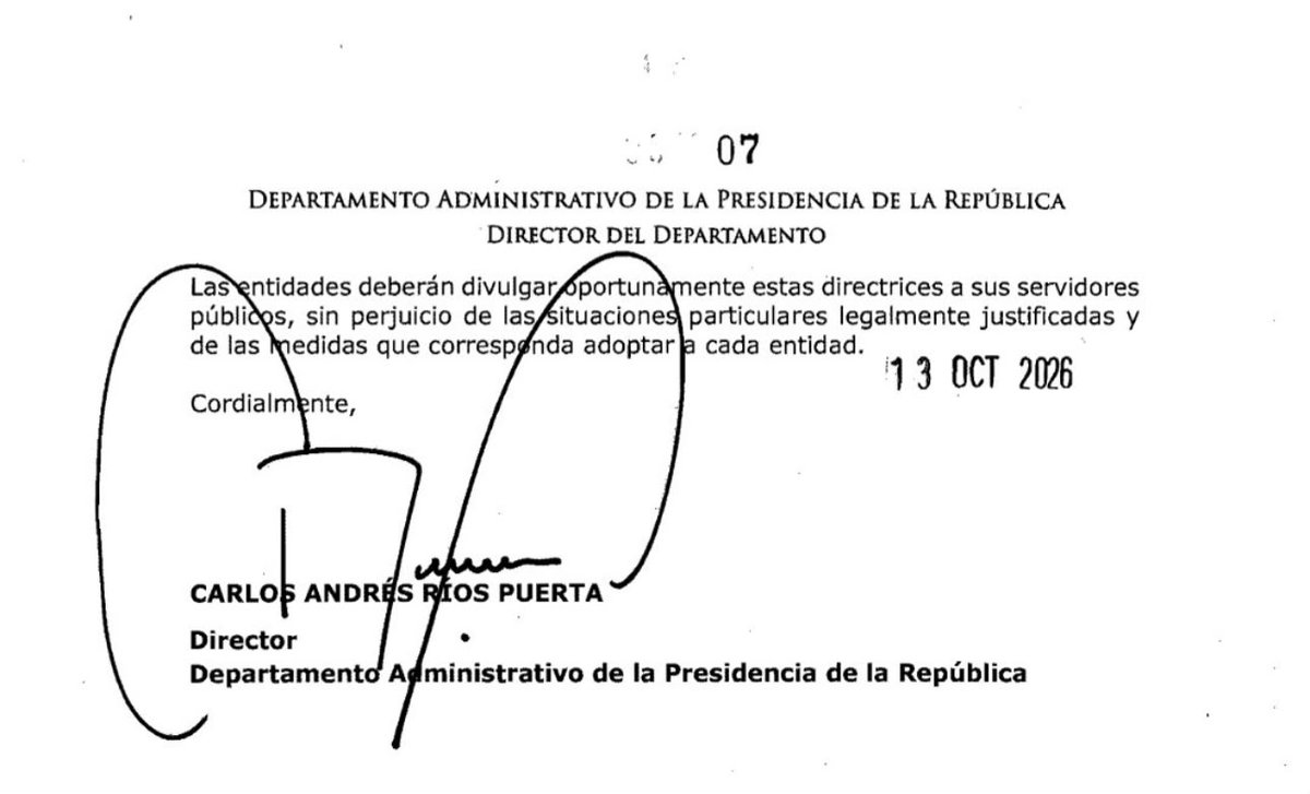 UltimaHoraCR's tweet photo. #POLITICA | El Gobierno de Abelardo de la Espriella emitió esta circular para que los funcionarios de las entidades “asistan normalmente a sus lugares de trabajo”, de manera presencial, este 14 de octubre, día de las marchas de la oposición.

Vía @laurad_duarte
https://t.co/v2vIVVHFXe