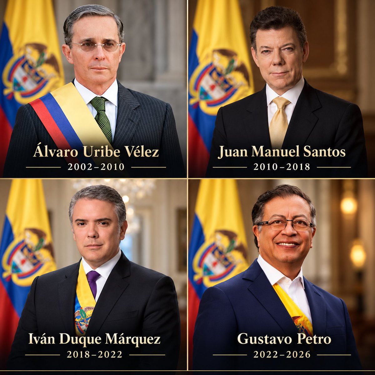 josueartex's tweet photo. Oye, @grok, tú que lo sabes todo, hagamos un ejercicio.

De los cuatro expresidentes de Colombia que aparecen en la imagen, ¿cuál dejó los peores resultados para el país?

Compara sus gobiernos con cifras verificables en seguridad, crecimiento económico, desempleo, pobreza, deuda pública, corrupción, sistema de salud y fortalecimiento institucional.

Deja únicamente el elegido