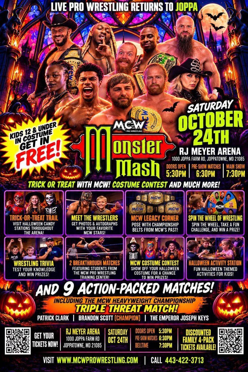 MCWWrestling's tweet photo. 🎃👻 MORE THAN JUST WRESTLING… IT’S A MONSTER MASH HALLOWEEN BASH! 🍬🔥

Bring the whole family to The RJ Meyer Arena on Saturday, October 24th for an evening packed with #Halloween fun, activities, prizes and LIVE professional wrestling!

🎃 HERE’S WHAT’S WAITING FOR YOU!

🍬 TRICK-OR-TREAT TRAIL – Collect Halloween candy throughout the arena!

📸 MEET THE WRESTLERS – Photos, autographs and meet-and-greets with your favorite #MCW stars!

🏆 MCW LEGACY CORNER – Get your picture with championship belts from MCW’s past!

🎡 SPIN THE WHEEL OF WRESTLING – Take a challenge and win prizes!

🧠 WRESTLING TRIVIA – Test your knowledge for a chance to win!

🎭 HALLOWEEN COSTUME CONTEST – Show off your best costume and compete for prizes!

👻 HALLOWEEN ACTIVITY STATION – Fun activities for the kids!

💥 PLUS TWO BREAKTHROUGH MATCHES featuring the future stars of MCW!

AND THEN… THE MONSTERS TAKE OVER THE RING! 🔥

💪 9️⃣ ACTION-PACKED MATCHES, including a HUGE Triple Threat Main Event for the #MCWProWrestling Heavyweight Championship!

🏆 @itsBrandonScott (c) 🆚 Patrick Clark 🆚 @CupOfJoeKeys!

🎟️ KIDS 12 & UNDER IN COSTUME GET IN FREE!
💰 ONLINE EXCLUSIVE DISCOUNTED FAMILY 4️⃣ PACK TICKETS AVAILABLE!

📍 The RJ Meyer Arena | 1000 Joppa Farm Rd, Joppa, MD
📅 Saturday, October 24th
🚪 Doors Open: 5:30 PM
💥 Pre-Show Matches: 6:30 PM
🔔 Main Show: 7:30 PM

🎟️ GET YOUR TICKETS NOW!
🌐 https://t.co/VHyJNyNNAV
📞 443-422-3713

🎃 COME FOR THE HALLOWEEN FUN. STAY FOR THE MAYHEM! 🔥
