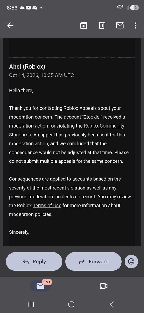 2tockiel's tweet photo. What else is there to say,
Roblox hates the average player and could care less about you or me getting a 2nd chance,
@Roblox @DavidBaszucki 
Let's work on this shall we?, or not you guys probably don't care.
#Robloxappeals #robloxban #Robloxbans #Enforcementban
#AIsucks https://t.co/YNTElIM1NT