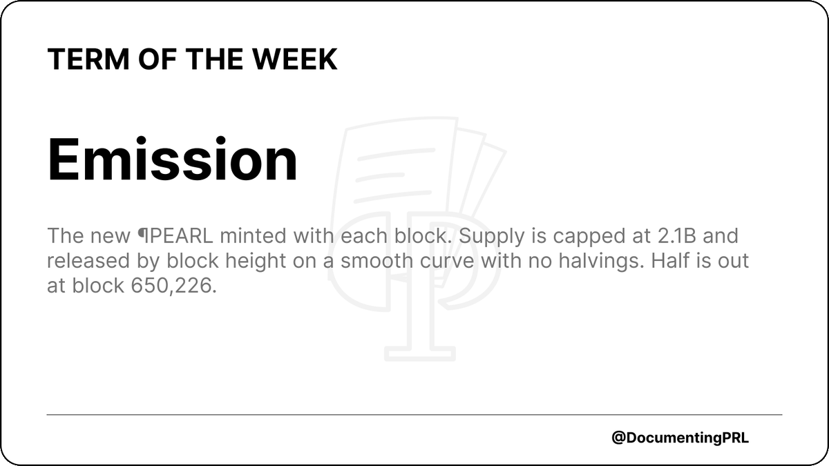 DocumentingPRL's tweet photo. Emission is the fresh $PRL minted with each block.
The total is capped at 2.1 billion and released by block height on a smooth curve with no halvings: half is out at block 650,226, about 4 years of blocks at the 194-second target. https://t.co/EmvpEy68CH