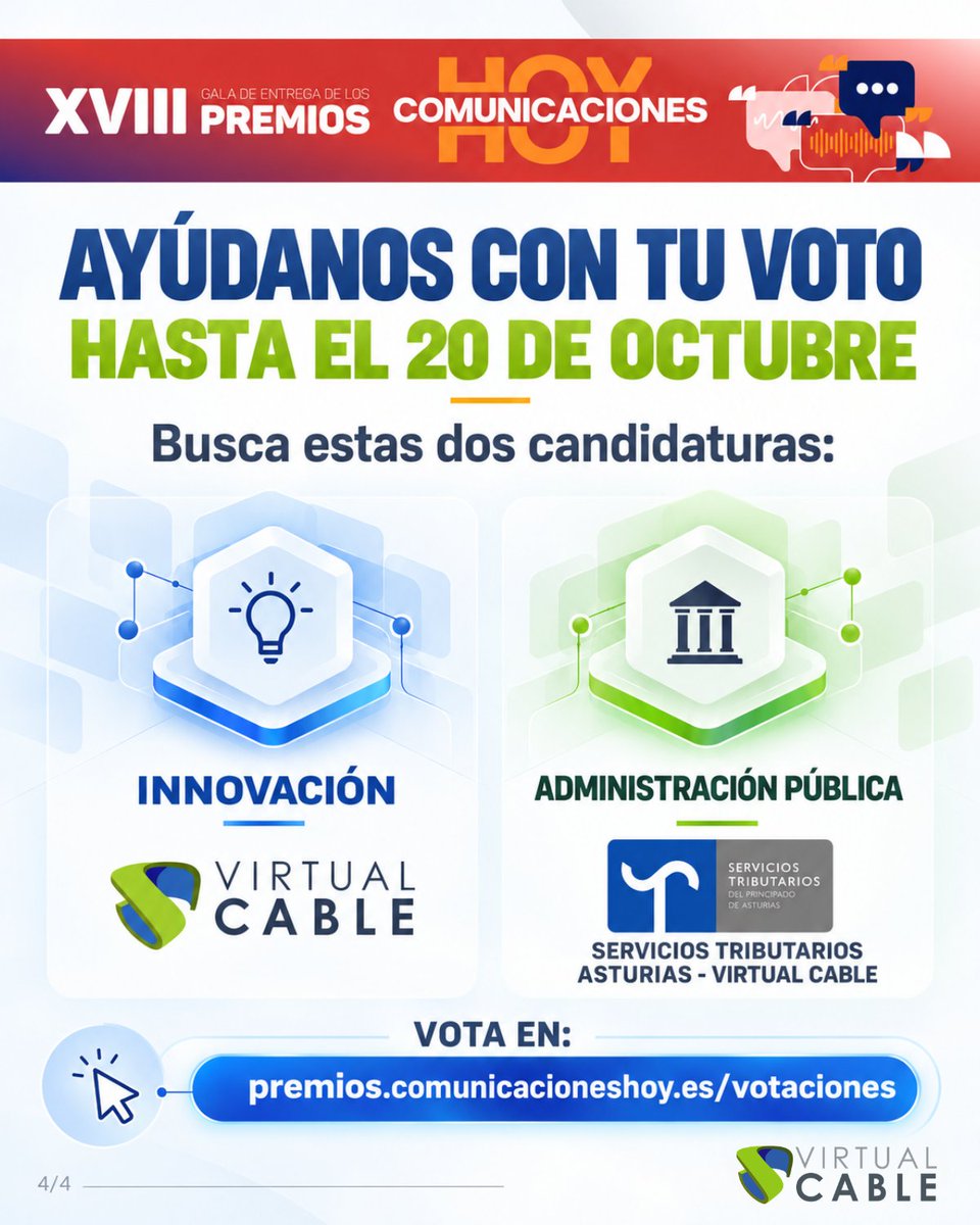 VirtualCable_'s tweet photo. 🏆 Dos candidaturas de #VirtualCable en los XVIII Premios Comunicaciones Hoy:

🔹 Innovación: UDS Monitor
🔹 Administración Pública: Servicios Tributarios Asturias - Virtual Cable

Puedes apoyarlas hasta el 20 de octubre:
👉 https://t.co/3tM44y7kA6

#DigitalWorkplace https://t.co/4uADxId2NM