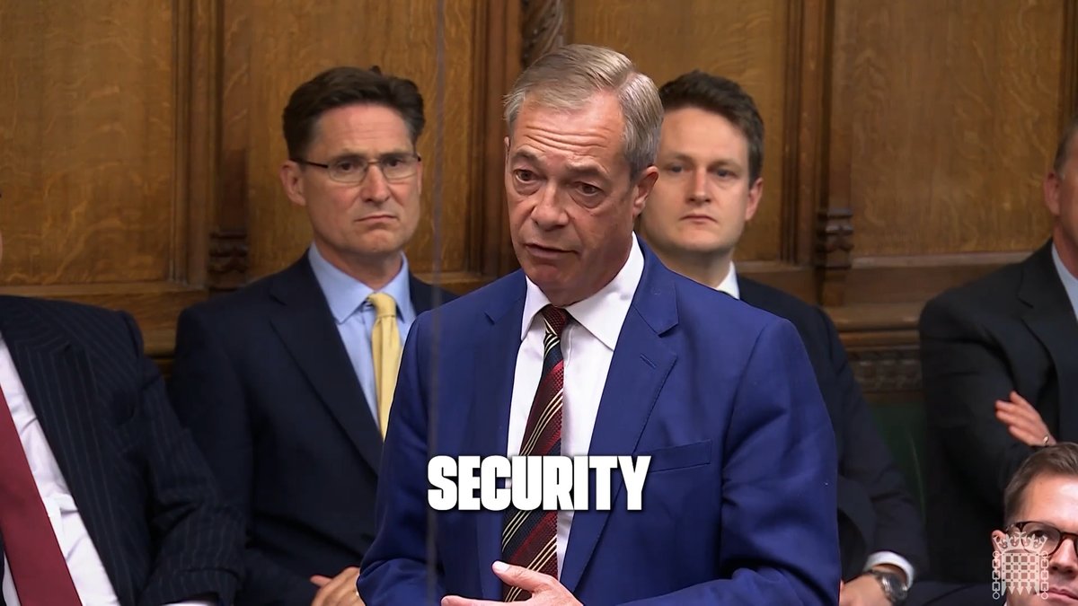 Nigel Farage, wearing a blue suit and striped tie, speaks in the UK House of Commons with the word 'SECURITY' overlaid at the bottom of the frame.