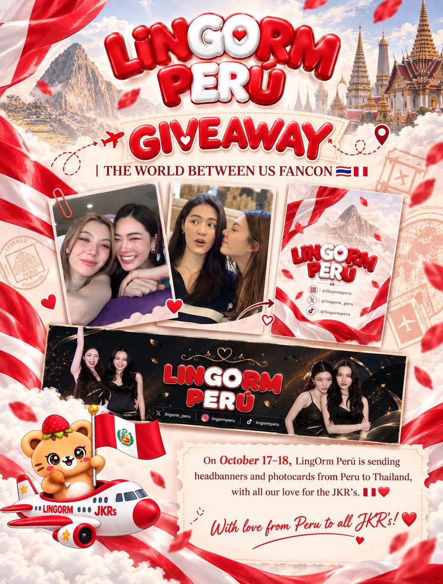 lingorm_peru's tweet photo. GIVEAWAY | THE WORLD BETWEEN US FANCON 🇹🇭

On October 17–18, LingOrm Perú is sending 100 headbanners and 55 photocards from Peru to Thailand, sharing our love for LingOrm with all the JKR’s at Impact Arena on these very special dates. 🇵🇪

With love from Peru! ❤️

—

GIVEAWAY | THE WORLD BETWEEN US FANCON 🇹🇭

Este 17 y 18 de octubre, LingOrm Perú enviará desde Perú 100 handbanners y 55 photocards a Tailandia, compartiendo nuestro amor por LingOrm con todas las JKR en el Impact Arena durante estas fechas tan especiales. 🇵🇪❤️

¡Con amor desde Perú! ❤️🇵🇪

#LingOrm
#Linglingkwong‌ #OrmKornnaphat‌ #lingormperu