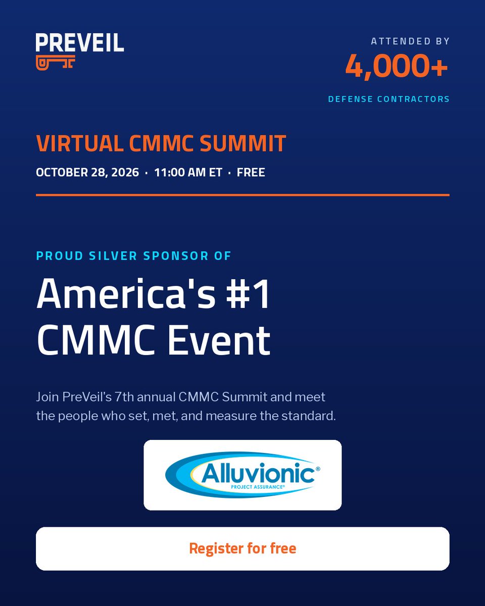 Alluvionic's tweet photo. CMMC questions? Alluvionic is here to help.

We are proud to be a silver sponsor of the 2026 PreVeil Virtual CMMC Summit.

Join us October 28 for a free, virtual day focused on CMMC.

Register: https://t.co/k1GJImejVL https://t.co/PkUEXUt5CN