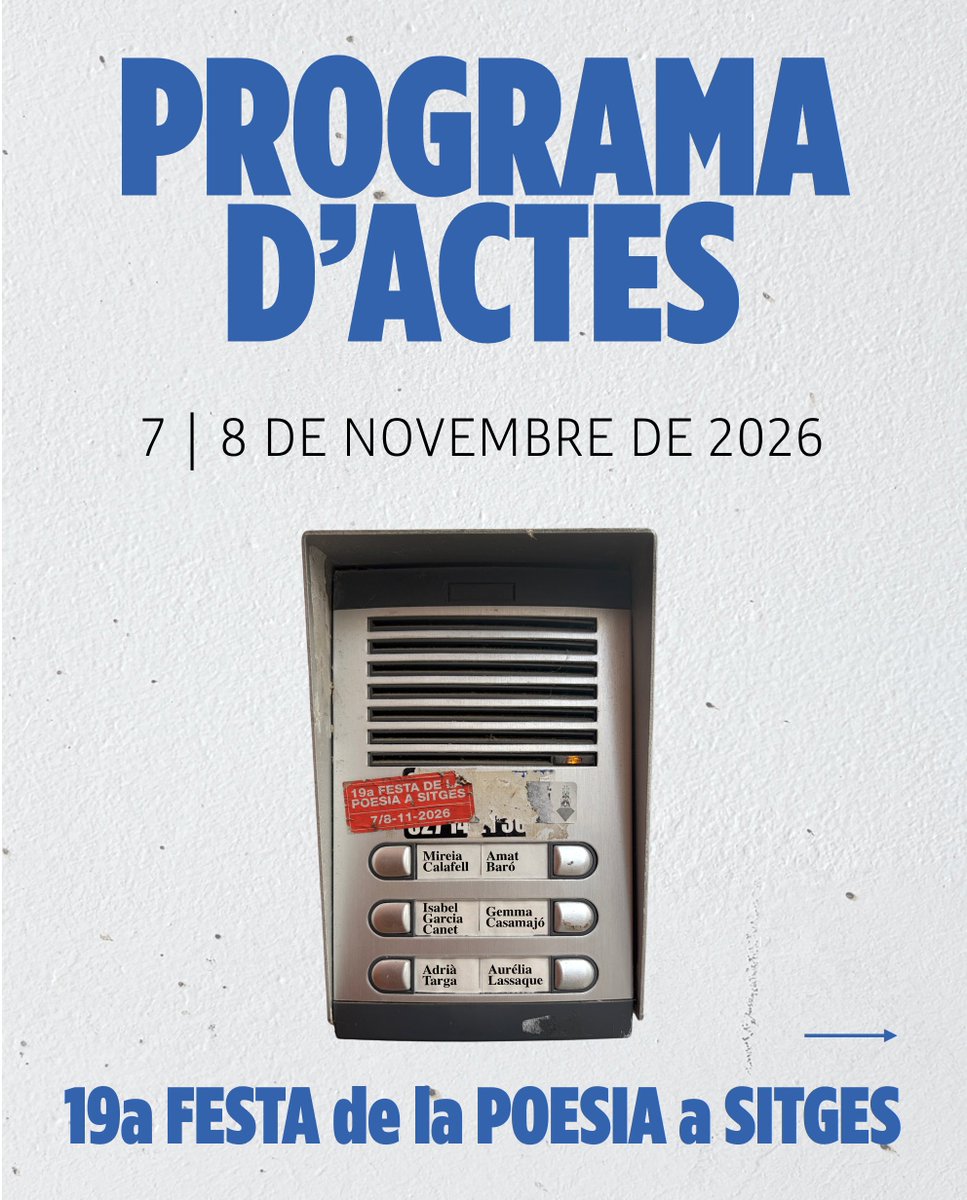 PoesiaSitges's tweet photo. ✨Ja tenim aquí el programa de la 19a Festa @PoesiaSitges!
👉 https://t.co/fkIhbyzJR2

📅 7 i 8 de novembre: dos dies per celebrar els poetes, la poesia i Sitges 💙

🚶 Rebuda i cercavila
🌟Gran Constel·lació Poètica
🎨Arts, joves poetes, música i infants
🥂Dinar dels Poetes https://t.co/tn43F6stvG