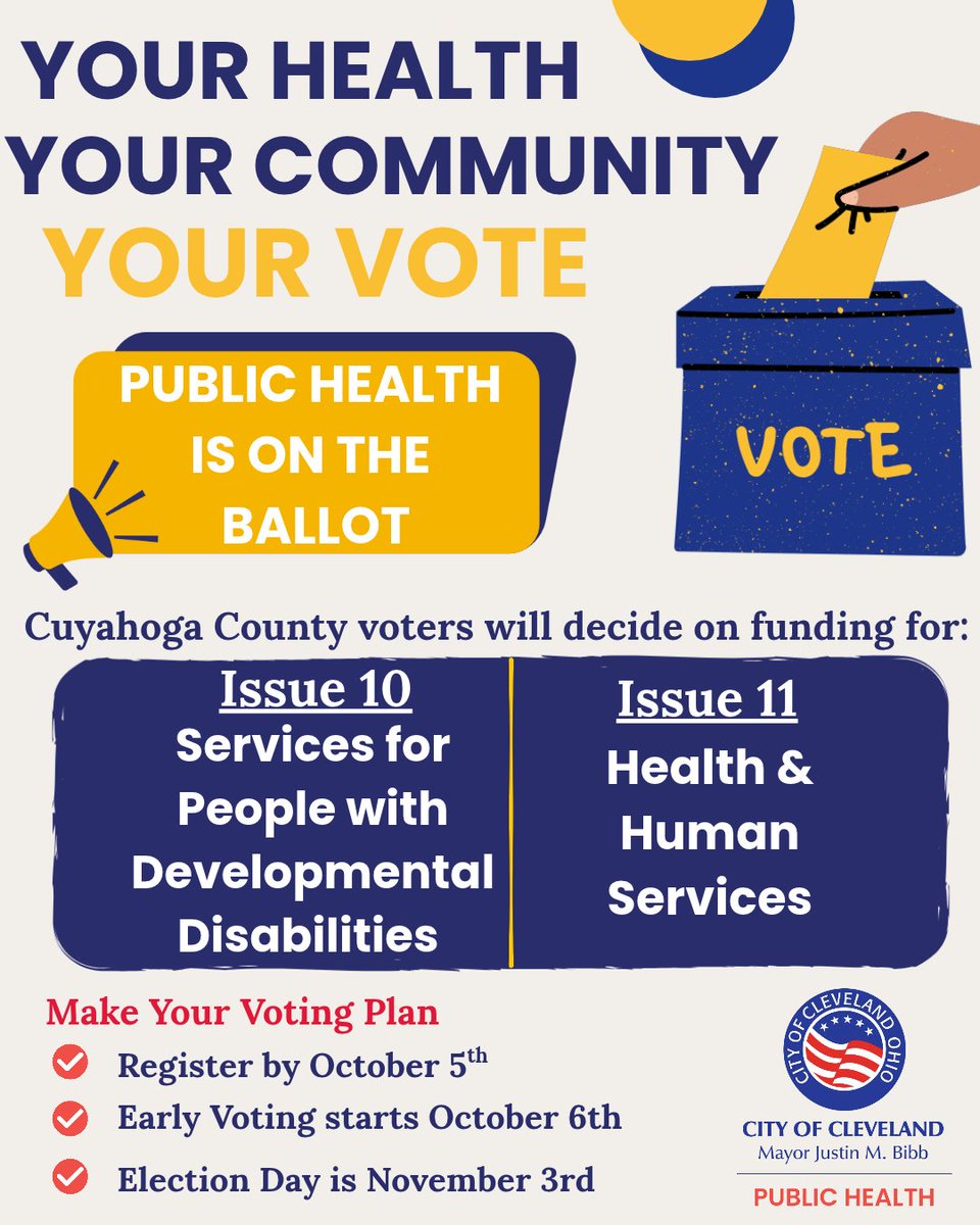 CleDPH's tweet photo. 🗳️ Public health is on the ballot in Cuyahoga County!

Issue 10: Funding for developmental disability services.
Issue 11: Funding for health and human services.

YES approves the proposed funding; NO rejects it.

Learn about both issues before voting. #CuyahogaCounty https://t.co/45AyrNY3Ci