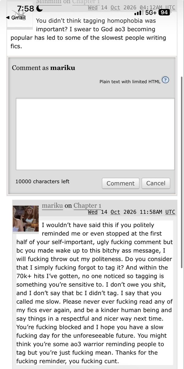 hollernov's tweet photo. DO NOT ever come u to my fucking comments on a fucking fic I spent hours in and call me slow bc I forgot to tag. I’m usually very good at taking feedback from comments but not when I’m insulted. I 100% would’ve thanked them nicely if they even just wrote the first half https://t.co/lsXonTerad