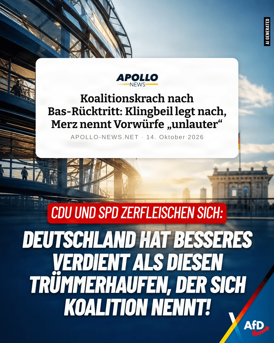 AfD's tweet photo. Der Rücktritt von Bärbel Bas (SPD) lässt die schwarz-rote Koalition endgültig im Chaos versinken. Anstatt das Land zu regieren, liefern sich Merz (CDU) und Klingbeil (SPD) eine Schlammschlacht. Diese handlungsunfähige Regierung gehört sofort aufgelöst.

Quelle: https://t.co/YiTiTiK2vz