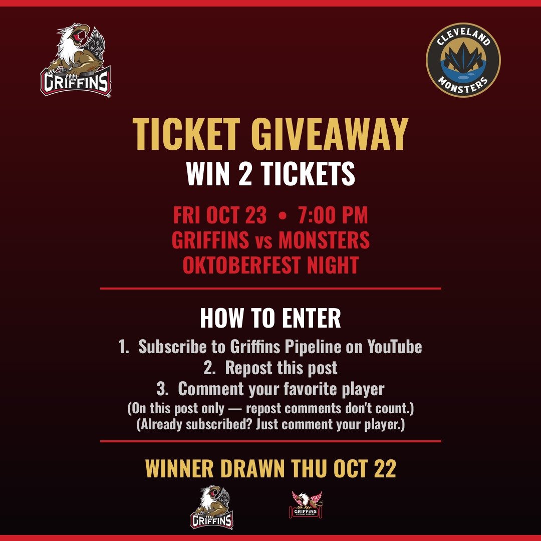 GRGpipelinepod's tweet photo. 🎟 TICKET GIVEAWAY 🎟
Win 2 tickets to Griffins vs Monsters on Fri Oct 23 — Oktoberfest Night at Van Andel!
How to enter:
1️⃣ Subscribe on Youtube https://t.co/kNw8P90CMl
2️⃣ Retweet
3️⃣ mention your favorite player
Winner drawn Thu Oct 22.
#GoGRG #LGRW #AHL https://t.co/iTPBMc85QG