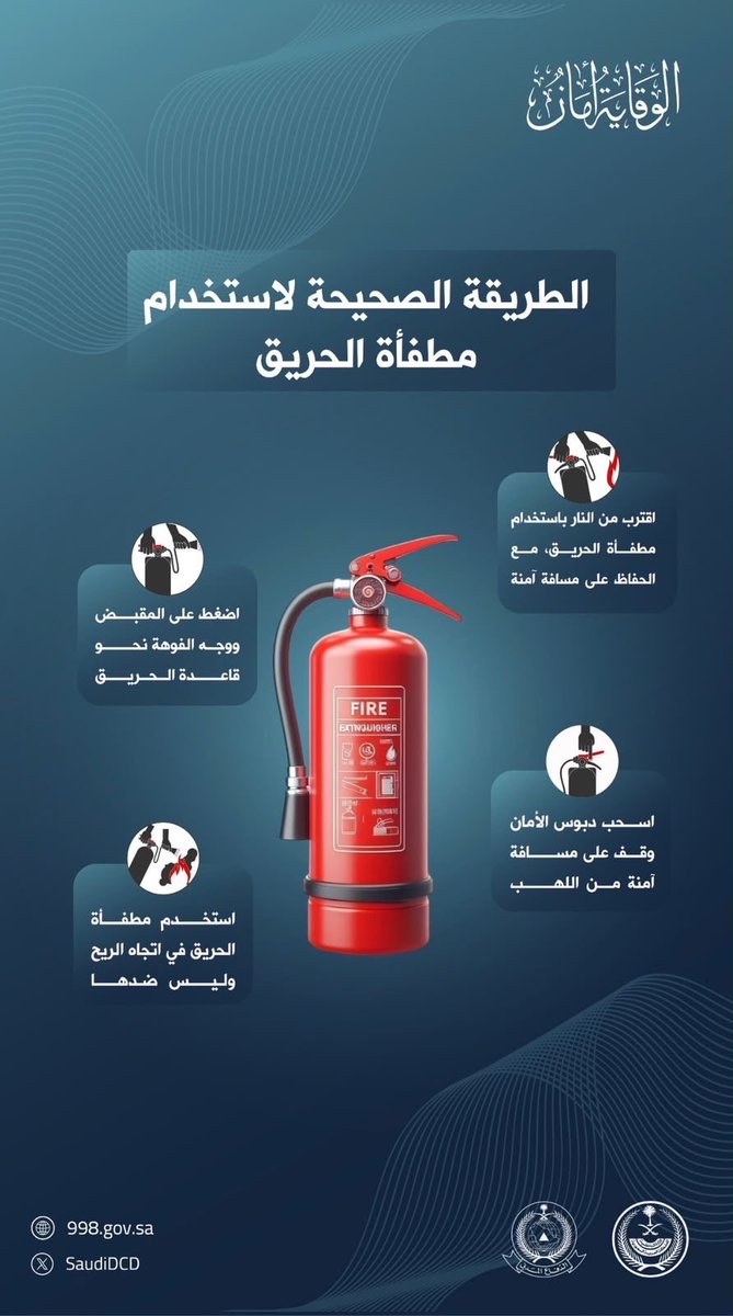 SaudiDCD's tweet photo. الطريقة الصحيحة لاستخدام مطفأة الحريق. 

#الدفاع_المدني
#الوقاية_أمان https://t.co/vxX0QqkX7n