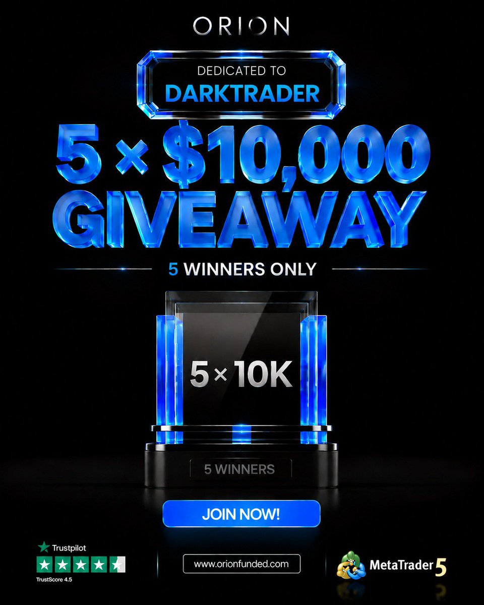 Verydarktrader's tweet photo. 🚨 Giveaway alert 🚨 
5X10K @Orionfundedcom accounts up for grab

To enter, must follow
@Verydarktrader
@OrionAffiliates
@orionfundedcom

Tag 3 friends
Like and repost

Winners in 3 days
Goodluck https://t.co/X8tAtb5gwQ