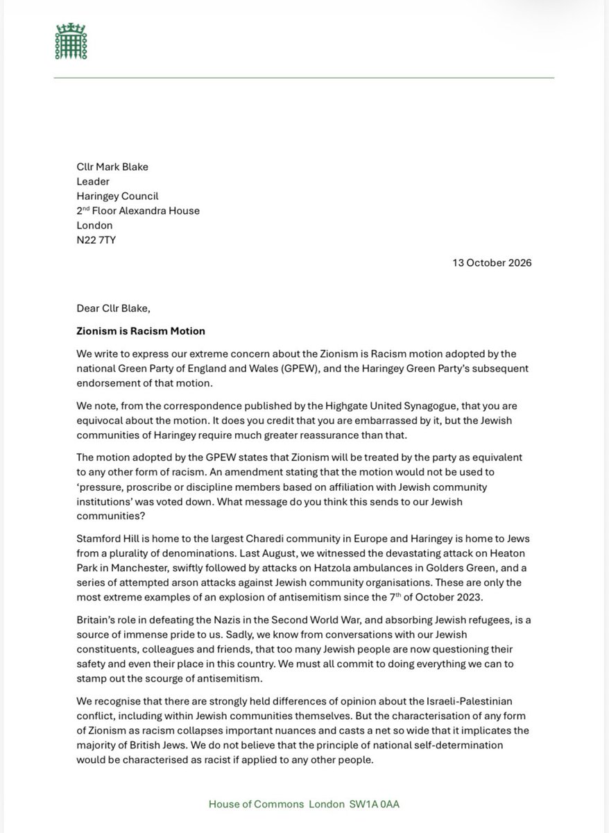 HaringeyLabour's tweet photo. “Our community cohesion in Haringey is not a coincidence; it is the product of years of hard work. It is a delicate balance that requires action to sustain it”

Our MPs have written to the Green Party @HaringeyCouncil Leader about their concerns on the ‘Zionism is Racism’ motion https://t.co/VyWBWASQlM