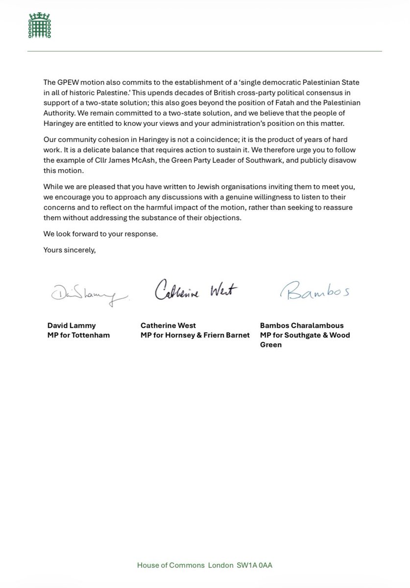 HaringeyLabour's tweet photo. “Our community cohesion in Haringey is not a coincidence; it is the product of years of hard work. It is a delicate balance that requires action to sustain it”

Our MPs have written to the Green Party @HaringeyCouncil Leader about their concerns on the ‘Zionism is Racism’ motion https://t.co/VyWBWASQlM