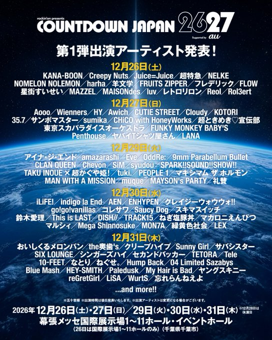CDJ_FANCLUB's tweet photo. 12月26日(土),27日(日),29日(火),30日(水),31日(木)開催
「COUNTDOWN JAPAN 26/27」
at 幕張メッセ国際展示場1～11ホール・イベントホール

出演決定！！

SiMは、12月29日(火)出演！

#SiM
#CDJ2627 https://t.co/cRVGib6vr0
