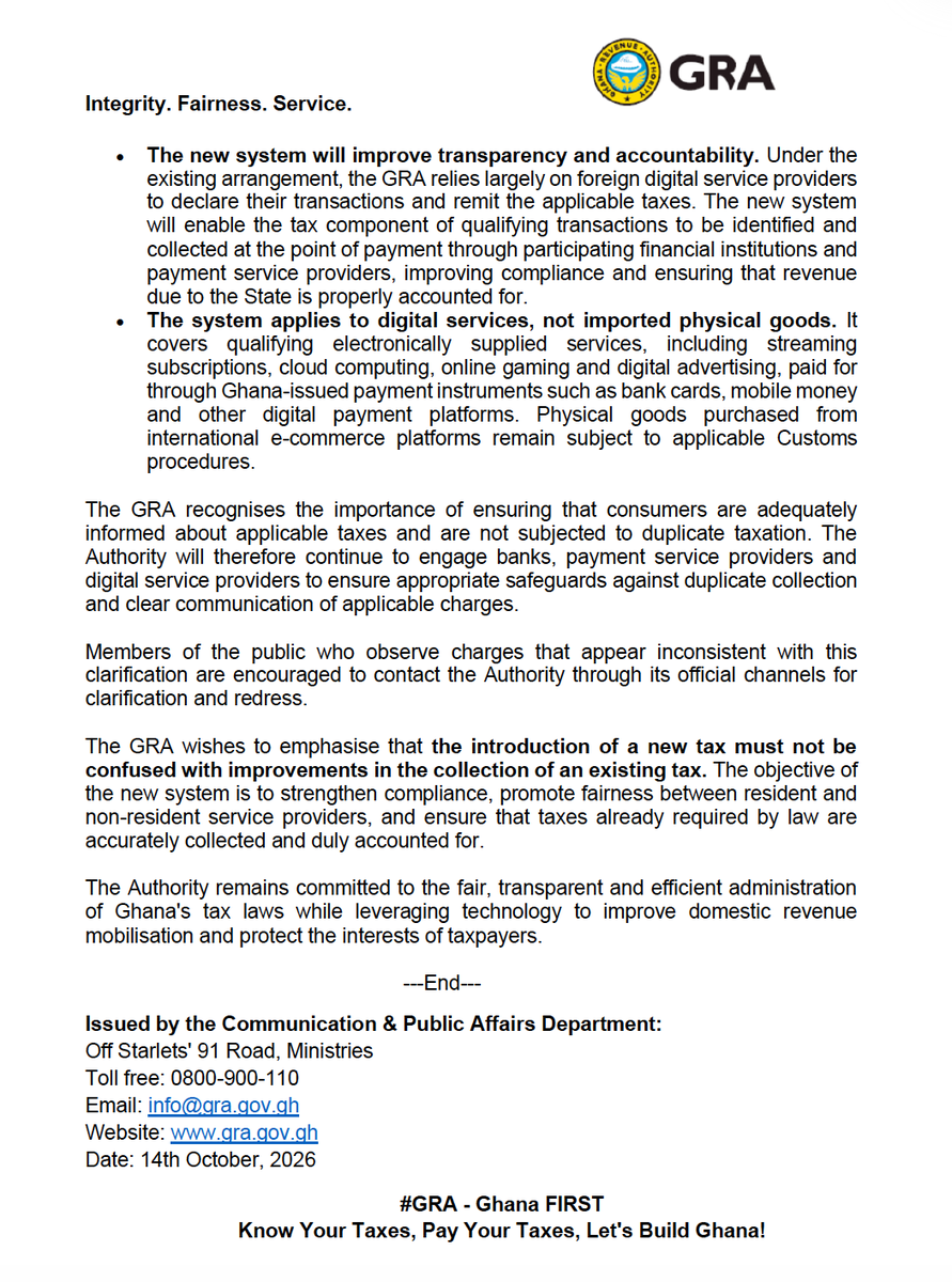 FelixKwakyeOfo1's tweet photo. GRA clarifies that claims about the introduction of or increase in VAT on some electronic transactions are false.
Please take a read so you are not misled. https://t.co/0xgXBZyoME