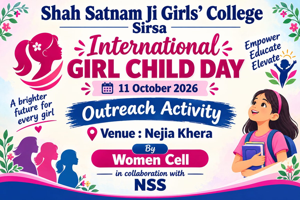 ssjgcsirsa1997's tweet photo. The Women Cell, in collaboration with the NSS of Shah Satnam Ji Girls’ College, Sirsa, organized an outreach activity at Government School, Nejiya Khera, to mark #InternationalGirlChildDay under the guidance of Principal Dr. Geeta Monga and IQAC Director Dr. Rishu Tomar. https://t.co/lMCSy25efA