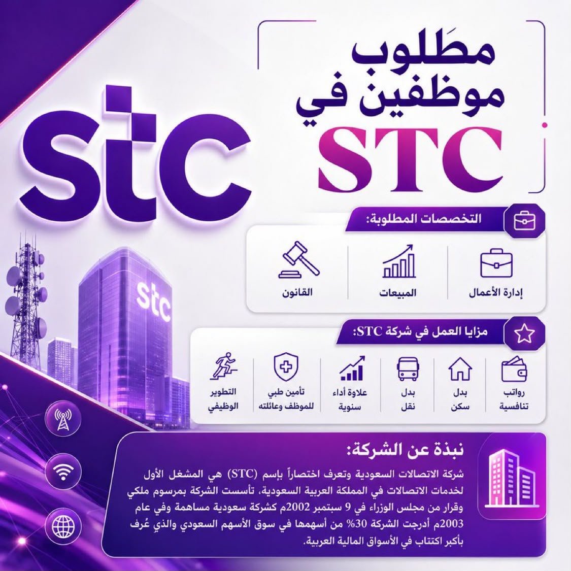 8m9a4's tweet photo. 🟪 مطلوب موظفين من حملة الدبلوم فأعلى للعمل في ⁦#STC⁩:

⭐ (برواتب تنافسية، بدل سكن ونقل، تأمين طبي شامل، مزايا أخرى)
شركة الاتصالات السعودية (⁦#STC⁩) تعلن ⁧#وظائف⁩ تقنية وهندسية حملة الدبلوم فأعلى للعمل في الرياض.
رابط التقديم:

https://t.co/2CjUw0paOx https://t.co/fKF2PLyrnt