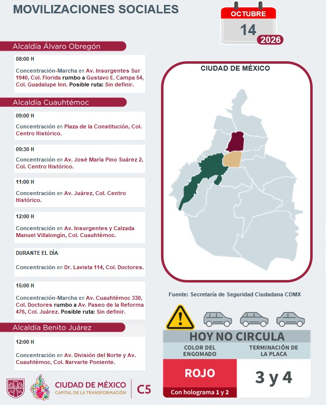 C5_CDMX's tweet photo. ⚠️🗓️ #ENTÉRATE | Para hoy, 14 de octubre 2026, estas son las movilizaciones sociales previstas en la Ciudad de México. 

#MovilidadCDMX #C5OjosDeLaCDMX  #C5CorazónDeLaCDMX #OjosDeLaCiudad https://t.co/gbejFd7mPG