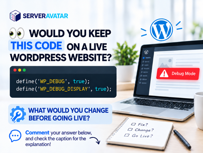 ServerAvatar's tweet photo. Spot the WordPress mistake

Both debug settings are true, so PHP warnings can appear to visitors and reveal file paths. 

Before launch, set WP_DEBUG and WP_DEBUG_DISPLAY to false; disable PHP display_errors too. 

What would you change? 

#wordpress #websecurity #devops https://t.co/KmylfzwmmK