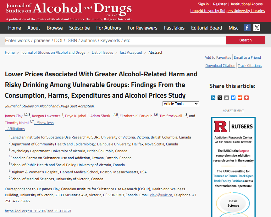 JSADJournal's tweet photo. Lower Prices Associated With Greater Alcohol-Related Harm and Risky Drinking Among Vulnerable Groups: Findings From the Consumption, Harms, Expenditure... (new in @JSADjournal) 

by James Clay et al

@EbethFarkouh @CCSACanada @harvardmed @UVicMedSciences 

https://t.co/a29Chi8sBN https://t.co/sDzuoMztvZ