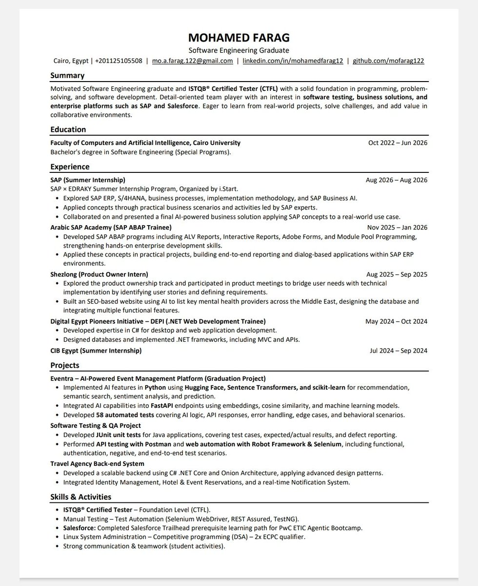 Mo7amedAbofarag's tweet photo. حد هنا شغال في مجال SAP يقدر يساعدني ألاقي فرصة internship / junior roles في SAP ABAP أو أي tech module؟

أنا أخدت Internship في SAP نفسها وخلصت كورس ABAP

 في أول ري��لاي CV &amp; linkedin 

contact details: 
+20112510550
mo.a.farag.122@gmail.com https://t.co/PirAOLHTa0