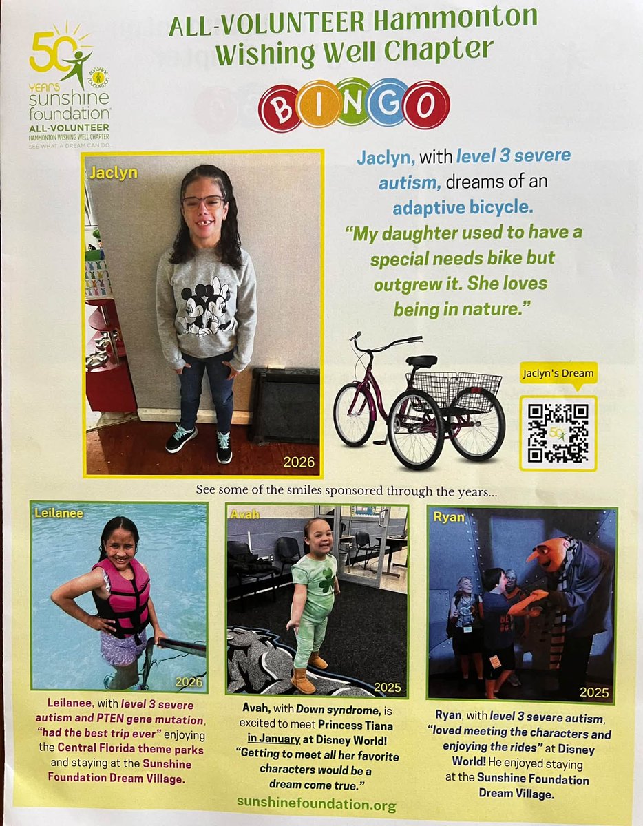 ksample5's tweet photo. 🎉B-I-N-G-O to make Jaclyn w/LEVEL 3 SEVERE AUTISM DREAM COME TRUE of an ADAPTIVE BICYCLE as Mom says Jaclyn loves being in nature🌳Our ALL-VOLUNTEER Hammonton Wishing Well Chapter of The @SunFound organized another wonderful and exciting event that had great prizes and fun!☀️🥰 https://t.co/pL17ll5Zgl